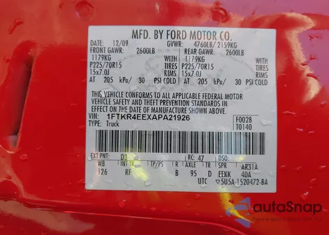 2010 Ford Ranger Sport/Xlt из США, поврежденный, VIN 1FTKR4EEXAPA21926